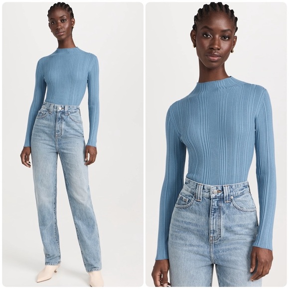 New! Veronica Beard Vinny Ribbed Knit Mock Neck Top Oxford Blue 🩵 X-Large - Picture 3 of 14